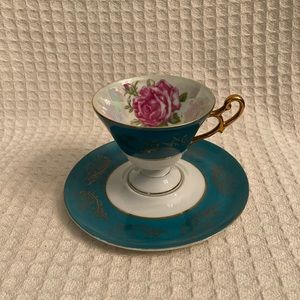 Vintage Royal Halsey Teal & White Pedestal Cup And Saucer With Gold Flowers&Trim